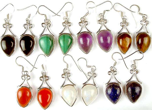 Lot of Seven Gemstone Earrings<br>(Black Onyx, Malachite, Amethyst, Tiger Eye, Carnelian, Rainbow Moonstone & Lapis Lazuli)