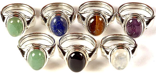 Lot of Seven Gemstone Finger Rings (Aquamarine, Lapis Lazuli, Tiger Eye, Amethyst, Aquamarine, Black Onyx and Rainbow Moonstone)