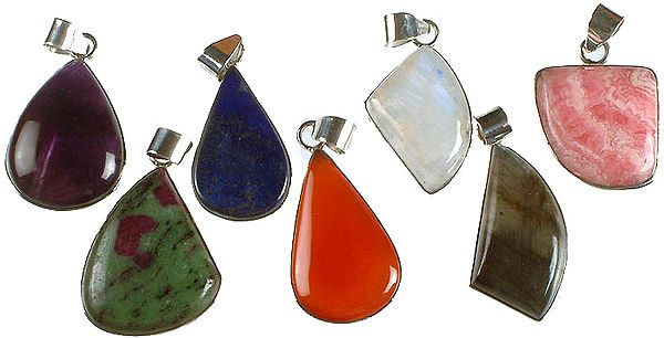 Lot of Seven Gemstone Pendants (Amethyst, Lapis Lazuli, Rainbow Moonstone, Rhodochrosite, Ruby Zoisite, Carnelian and Labradorite)