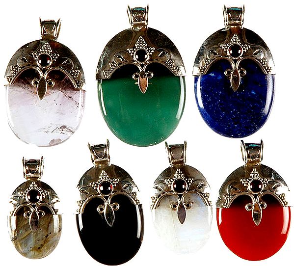 Lot of Seven Gemstone Pendants (Light Amethyst with Garnet, Green Onyx, Lapis Lazuli, Labradorite, Black Onyx, Rainbow Moonstone and Carnelian)