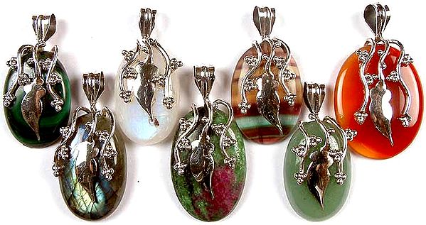 Lot of Seven Gemstone Pendants with Sterling Vines
