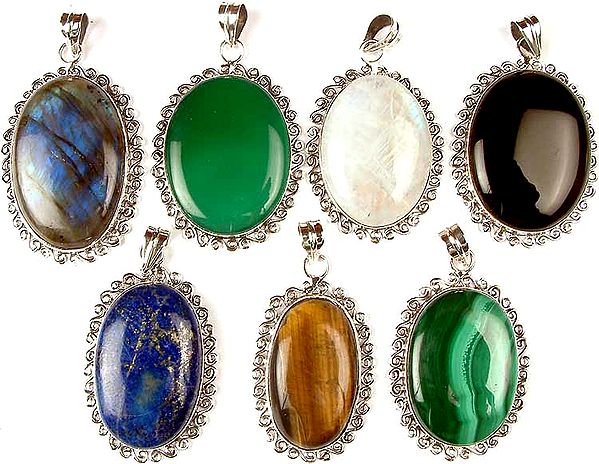 Lot of Seven Gemstone Pendants<br>(Labradorite, Green Onyx, Rainbow Moonstone, Black Onyx, Lapis Lazuli, Tiger Eye & Malachite)