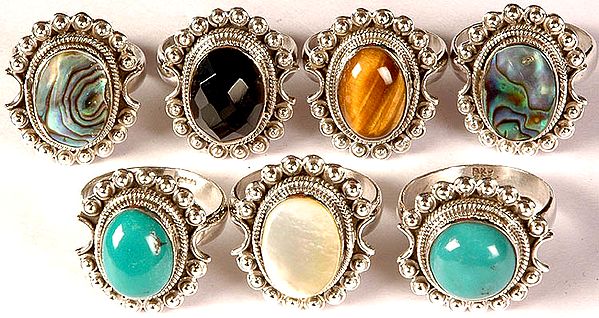 Lot of Seven Gemstone Rings<br>(Abalone, Faceted Black Onyx, Tiger Eye, Abalone, Turquoise, MOP (Shell) and Turquoise)