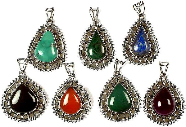 Lot of Seven Gemstone Tear Drop Pendants<br>(Turquoise, Malachite, Lapis Lazuli, Black Onyx, Carnelian, Green Onyx & Amethyst)