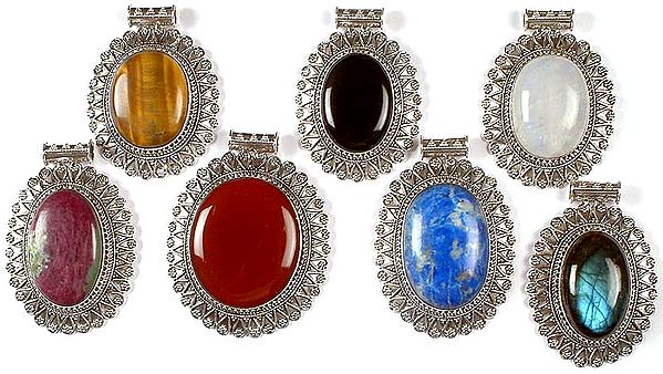 Lot of Seven Large Oval Gemstone Pendants<br>(Tiger Eye, Black Onyx, Rainbow Moonstone, Ruby Zoisite, Carnelian, Lapis Lazuli & Labradorite)