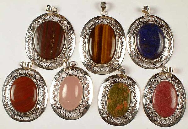 Lot of Seven Oval Gemstone Pendants with Lattice<br>(Iron Tiger Eye, Tiger Eye, Lapis Lazuli, Jasper, Rose Quartz, Unakite & Rhodonite)