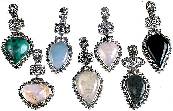 Lot of Seven Pendants (Black Onyx, Turquoise, Rainbow Moonstone, Prehnite, Golden Rutile, Blue Chalcedony)