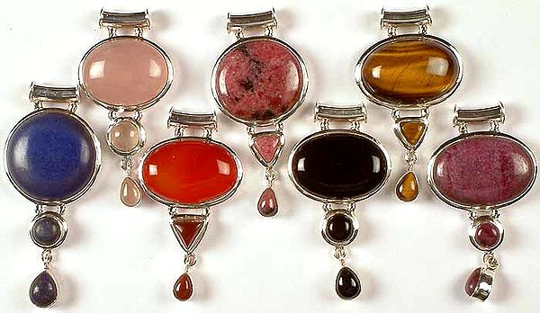 Lot of Seven Triple Gemstone Pendants<br>(Rose Quartz, Rhodonite, Tiger Eye, Lapis Lazuli, Carnelian, Black Onyx & Ruby)
