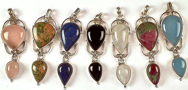 Lot of Seven Twin Gemstone Pendants<br>(Rose Quartz, Unakite, Lapis Lazuli, Black Onyx, Rainbow Moonstone, Ruby Zoisite & Blue Chalcedony)