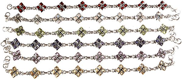 Lot of Six Faceted Bracelets (Garnet, Rainbow Moonstone, Peridot, Iolite, Amethyst and Citrine)