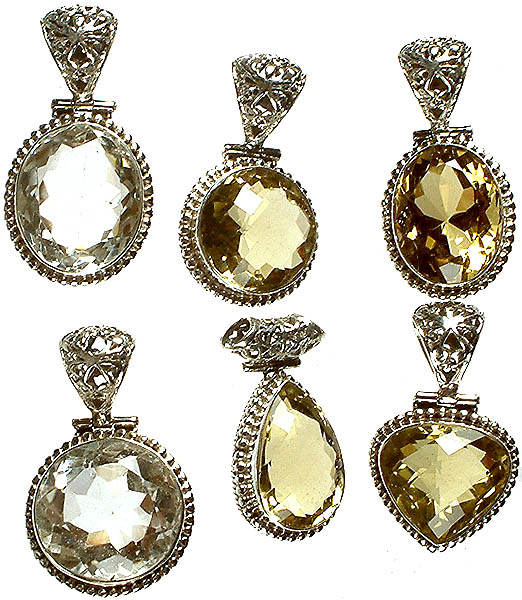 Lot of Six Faceted Crystal and Lemon Topaz Pendants