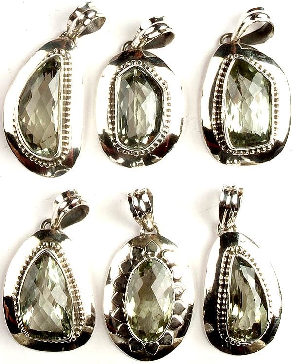 Lot of Six Faceted Green Amethyst Pendants