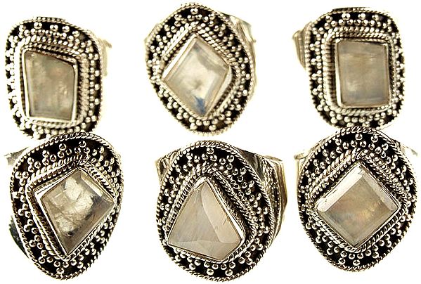 Lot of Six Faceted Rainbow Moonstone Rings