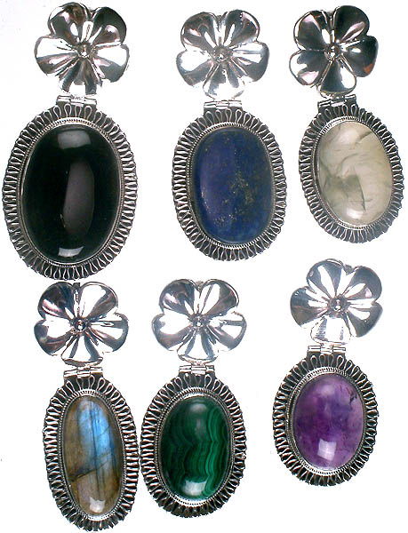 Lot of Six Flower Pendants (Lapis Lazuli, Amethyst, Malachite, Labradorite, Black Onyx, Prehnite