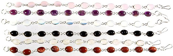 Lot of Six Gemstone Bracelets (Rose Quartz, Amethyst, Monalisa, Blue Sun Sitara, Rainbow Moonstone and Sunstone)