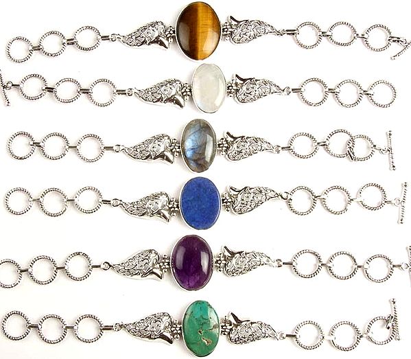 Lot of Six Gemstone Bracelets with Lattice (Tiger Eye, Rainbow Moonstone, Labradorite, Lapis Lazuli, Amethyst and Turquoise)