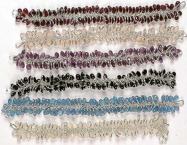 Lot of Six Gemstone Bunch Bracelets<br>(Garnet, Rose Quartz, Amethyst, Black Onyx, Blue Chalcedony & Rainbow Moonstone)