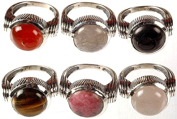 Lot of Six Gemstone Finger Rings (Carnelian, Rutilated Quartz, Black Onyx, Tiger Eye, Rhodonite and Rose Quartz)