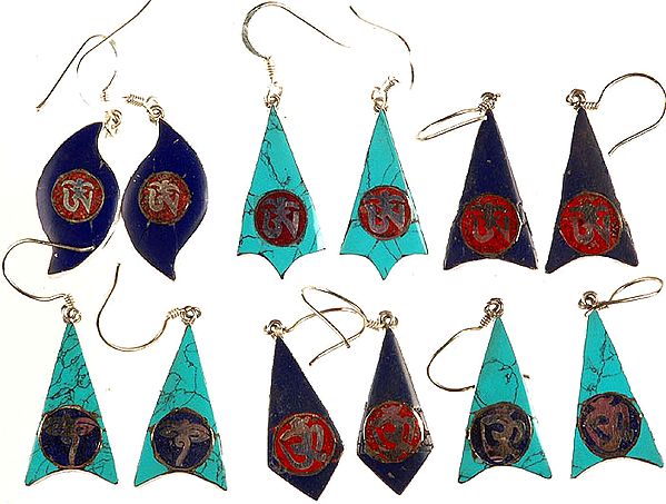 Lot of Six Gemstone Inlay Om Earrings with Svayambhunath Eyes (Lapis Lazuli, Coral and Turquoise)