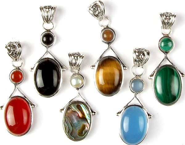 Lot of Six Gemstone Pendants (Black Onyx, Tiger Eye, Malachite, Carnelian, Abalone with Pearl and Blue Chalcedony)