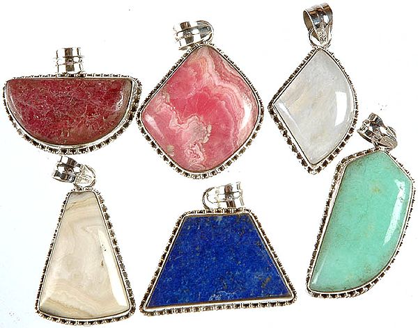 Lot of Six Gemstone Pendants (Rhodonite, Rhodochrosite, Rainbow Moonstone, Agate, Lapis Lazuli and Chrysoprase)