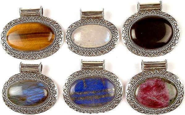 Lot of Six Gemstone Pendants<br>(Tiger Eye, Rainbow Moonstone, Black Onyx, Labradorite, Lapis Lazuli & Ruby Zoisite)
