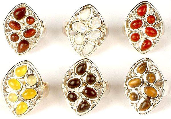 Lot of Six Gemstone Rings<br>(Iron Tiger Eye, Rainbow Moonstone, Jasper, Yellow Chalcedony, Black Onyx & Tiger Eye)
