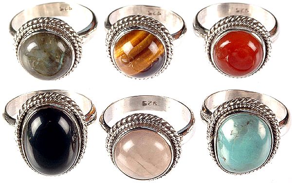 Lot of Six Gemstones Finger Rings (Labradorite, Tiger Eye, Carnelian, Black Onyx, Rose Quartz and Turquoise)