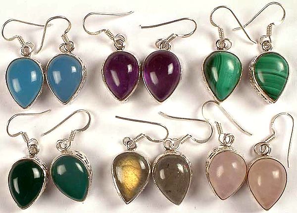Lot of Six Inverted Tear Drop Gemstone Earrings<br>(Blue Chalcedony, Amethyst, Malachite, Green Onyx, Labradorite & Rose Quartz)