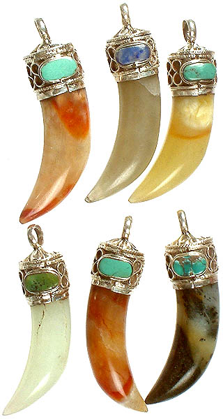 Lot of Six Jade Claw Pendant with Turquoise and Lapis Lazuli