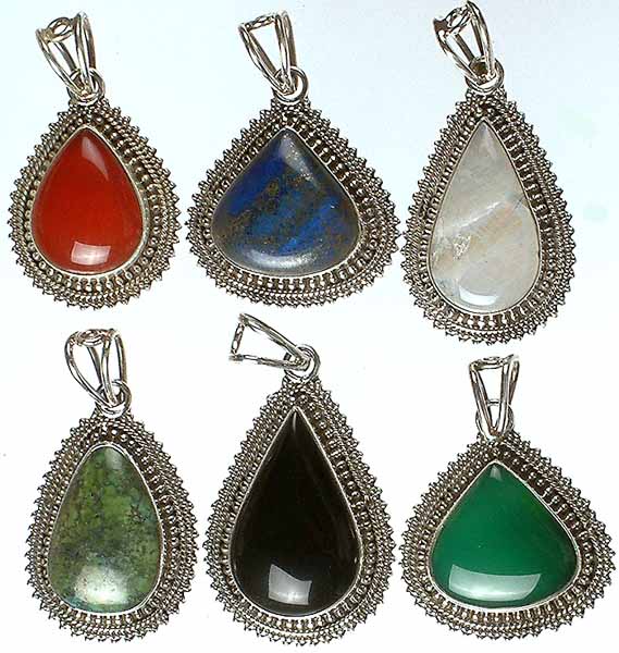 Lot of Six Tear Drop Gemstone Pendants<br>(Carnelian, Lapis Lazuli, Rainbow Moonstone, Turquoise, Black Onyx & Green Onyx)