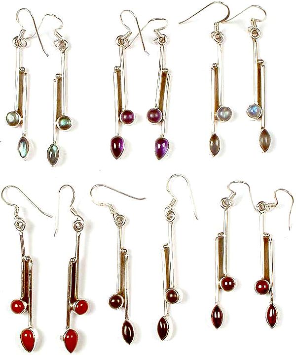 Lot of Six Twin Gemstone Earrings<br>(Labradorite, Amethyst, Rainbow Moonstone, Carnelian, Black Onyx & Garnet)