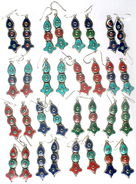 Lot of Sixteen Inlay Gemstone Nepalese Earrings (Lapis Lazuli, Coral, Turquoise and Malachite)