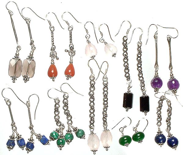 Lot of Ten Dangling Gemstone Earrings<br>(Smoky Quartz, Carnelian, Rose Quartz, Black Onyx, Amethyst, Lapis Lazuli, Malachite, Rose Quartz, Green Onyx and Lapis Lazuli)