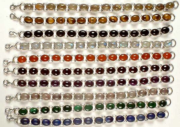 Lot of Ten Gemstone Bracelets<br>(Golden Rutile, Tiger Eye, Black Onyx, Rainbow Moonstone, Carnelian, Garnet, Amethyst, Rose Quartz, Malachite & Lapis Lazuli)