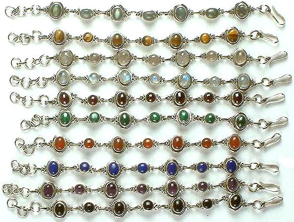 Lot of Ten Gemstone Bracelets<br>(Labradorite, Tiger Eye, Rose Quartz, Rainbow Moonstone, Garnet, Malachite, Carnelian, Lapis Lazuli, Amethyst & Black Onyx)