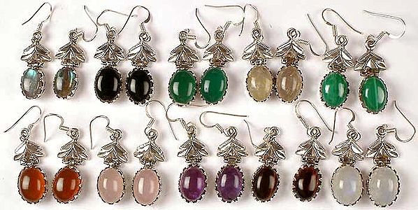 Lot of Ten Gemstone Cabochon Earrings<br>(Labradorite, Black Onyx, Green Onyx, Golden Rutile, Malachite, Carnelian, Rose Quartz, Amethyst, Tiger Eye & Rainbow Moonstone)