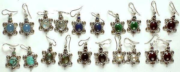 Lot of Ten Gemstone Earrings (Blue Chalcedony, Rainbow Moonstone, Lapis Lazuli, Malachite, Amethyst, Turquoise, Labradorite, Black Onyx, Pearl, & Garnet)