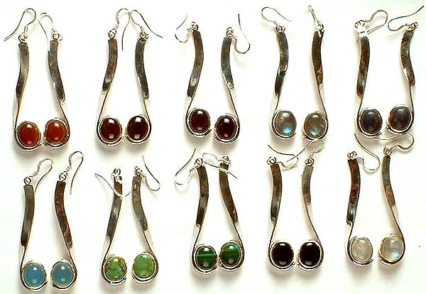 Lot of Ten Gemstone Earrings (Carnelian, Garnet, Amethyst, Labradorite, Lapis Lazuli, Blue Chalcedony, Turquoise, Malachite, Black Onyx, & Rainbow Moonstone