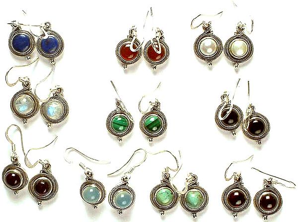 Lot of Ten Gemstone Earrings (Lapis Lazuli, Carnelian, Pearl, Rainbow Moonstone, Malachite, Black Onyx, Amethyst, Blue Chalcedony, Turquoise, & Garnet)
