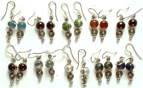 Lot of Ten Gemstone Earrings with Spirals<br>(Blue Chalcedony, Black Onyx, Turquoise, Carnelian, Garnet, Amethyst, Rainbow Moonstone, Pearl, Labradorite & Lapis Lazuli)