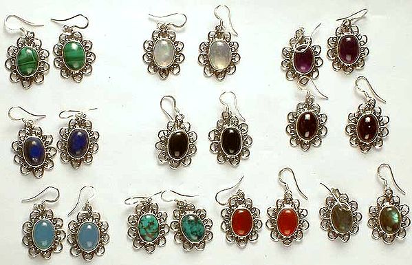 Lot of Ten Gemstone Earrings<br>(Malachite, Rainbow Moonstone, Amethyst, Lapis Lazuli, Black Onyx, Garnet, Blue Chalcedony, Turquoise, Carnelian & Labradorite)