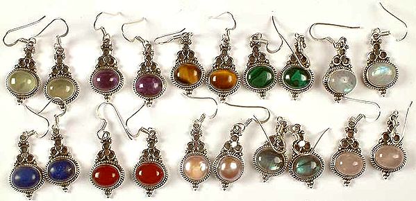 Lot of Ten Gemstone Earrings<br>(Prehnite, Amethyst, Tiger Eye, Malachite, Rainbow Moonstone, Lapis Lazuli, Carnelian, Pearl, Labradorite & Rose Quartz)