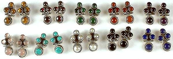 Lot of Ten Gemstone Hinged Earrings<br>(Tiger Eye, Garnet, Malachite, Carnelian, Amethyst, Rose Quartz, Turquoise, Pearl, Black Onyx & Lapis Lazuli)