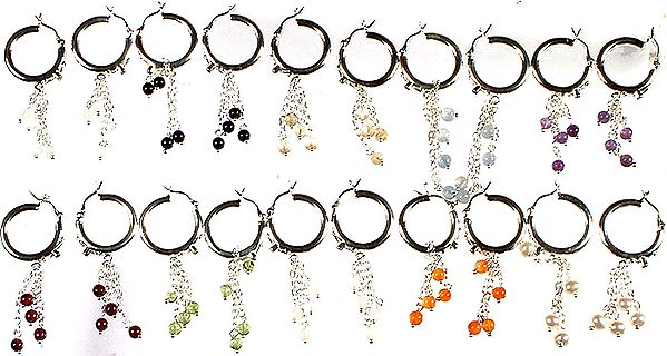 Lot of Ten Gemstone Hoop Earrings (Rainbow Moonstone, Black Onyx, Citrine, Blue Chalcedony, Amethyst, Garnet, Peridot, Rose Quartz, Carnelian and Pearl)