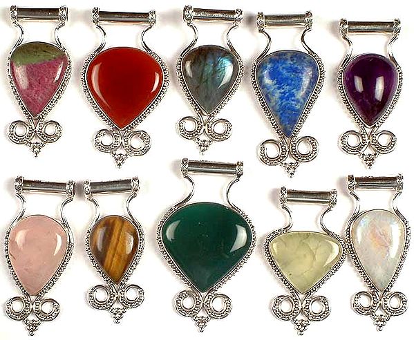 Lot of Ten Gemstone Mughal Pendants<br>(Ruby Zoisite, Carnelian, Labradorite, Lapis Lazuli, Amethyst, Rose Quartz, Tiger Eye, Green Onyx, Prehnite & Rainbow Moonstone)