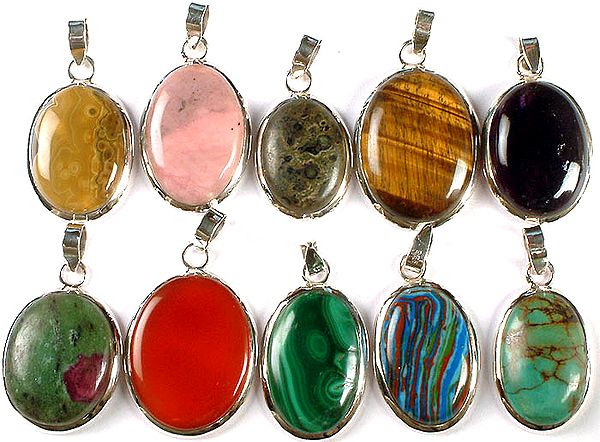 Lot of Ten Gemstone Oval Pendants (Agate, Pink Opal, Picture Jasper, Tiger Eye, Ruby Zoisite, Carnelian, Malachite, Agate and Turquoise)