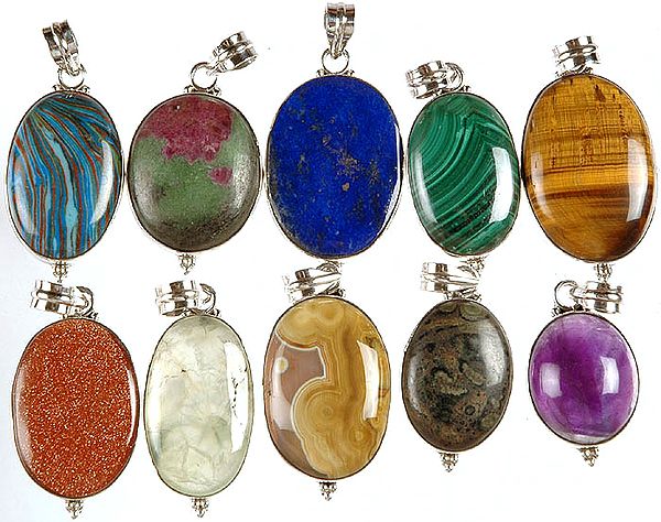 Lot of Ten Gemstone Oval Pendants (Agate, Ruby Zoisite, Lapis Lazuli, Malachite, Tiger Eye, Sunstone, Prehnite, Agate, Picture Jasper and Amethyst)