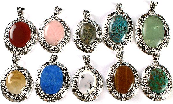 Lot of Ten Gemstone Oval Pendants (Carnelian, Pink Opal, Picture Jasper, Azure Malachite, Green Fluorite, Agate, Lapis Lazuli, Dendrite, Tiger Eye and Chrysocola)