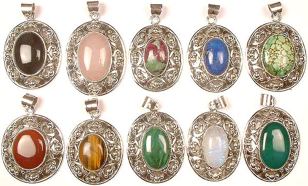 Lot Of Ten Gemstone Oval Pendants<br>(Black Onyx, Rose Quartz, Ruby Zoisite, Lapis Lazuli, Turquoise, Carnelian, Tiger Eye, Malachite, Rainbow Moonstone, and Green Onyx)